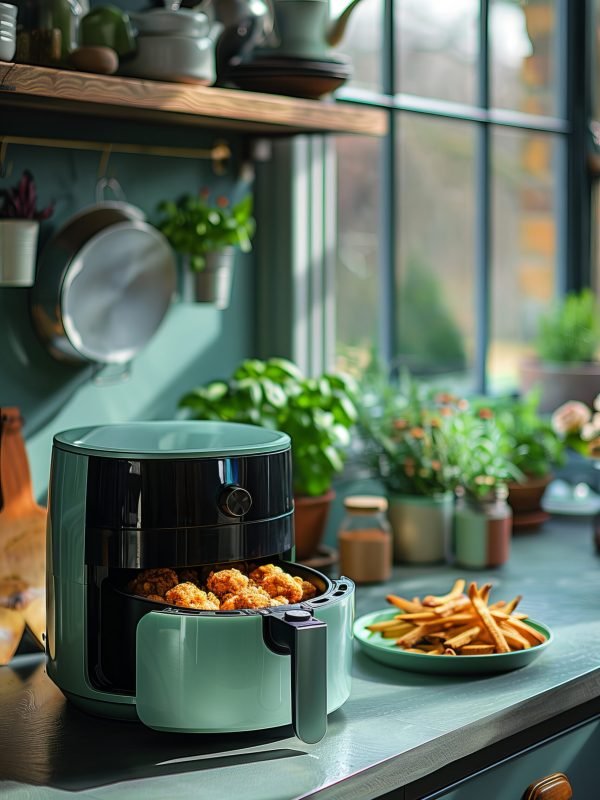 Create a high-quality, realistic advertising photograph of an air fryer in a modern kitchen with turquoise and celeste accents. The food should be inside the air fryer and also attractively arranged on the countertop. Use warm, soft lighting to complement the cool tones --ar 2:3 --style raw --stylize 800 Job ID: 8e3ac3ce-aa19-43f8-90f1-bf995961af9b